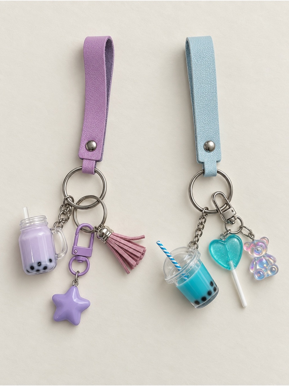Set of 2 Pastel Bubble Tea Keychains | Kawaii Bag Charms Blue & Purple